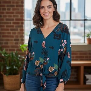 Umgee Teal Floral Tie-Front Blouse Sz.S